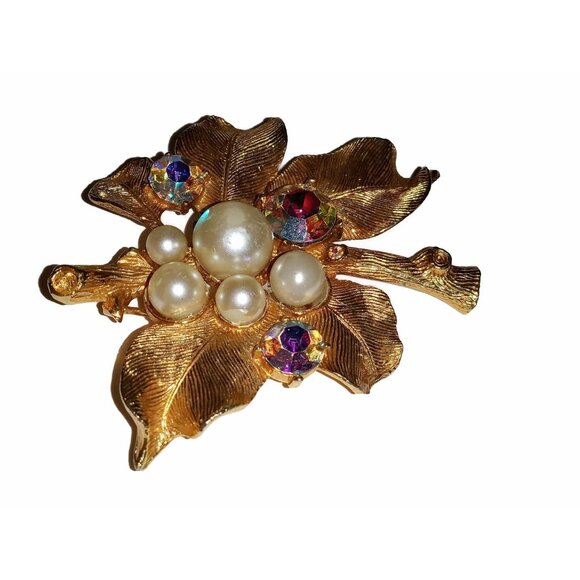 Large Faux Pearls and Aurora Borealis Rhinestone Brooch - Picture 2 of 5